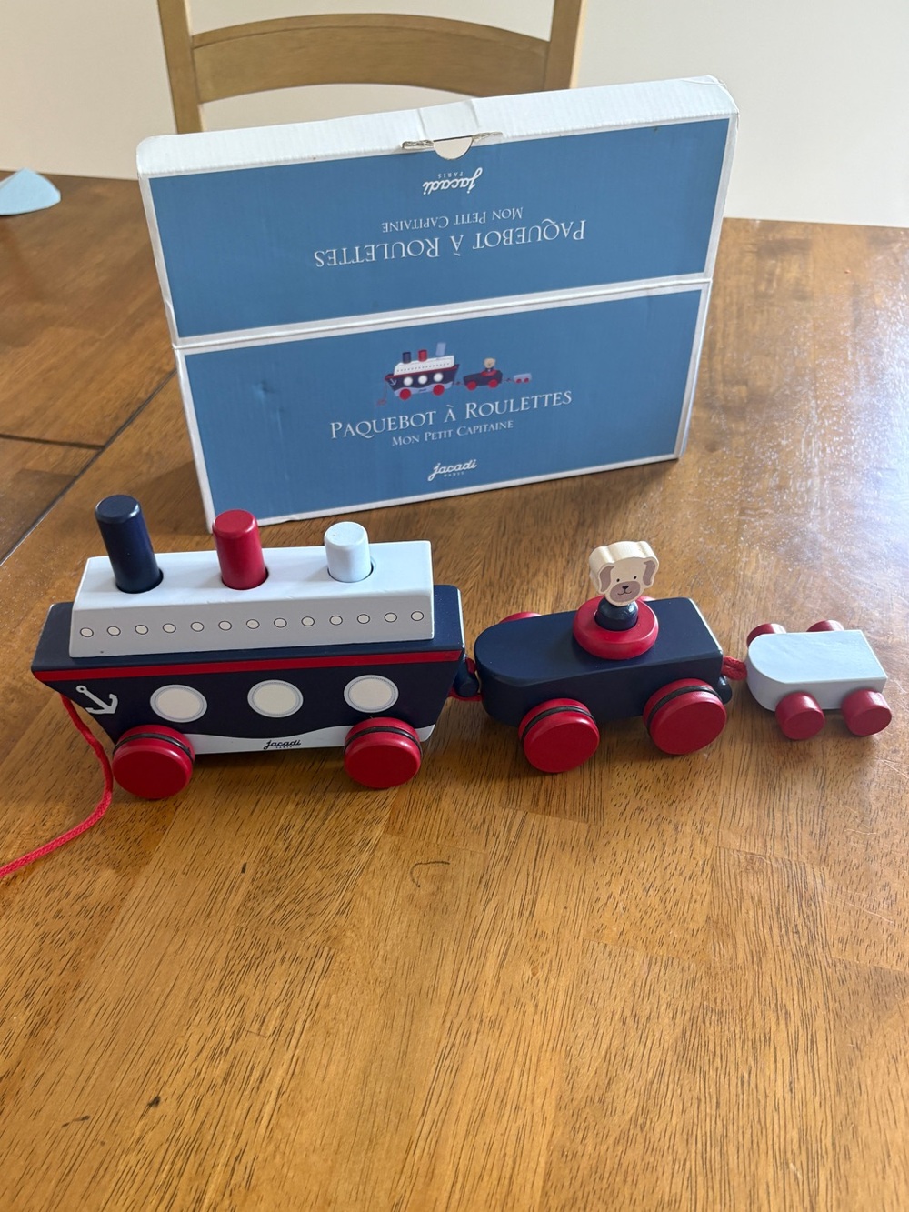 JACADI Paris Baby Kids Wooden Pull Toy Boat Sailor Paquebot A Roulettes w Box